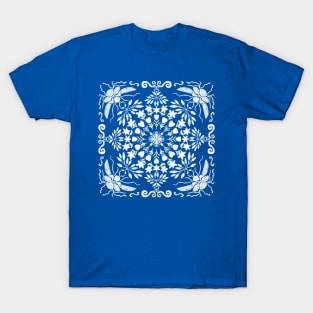 Garden Symmetry - White on Blue T-Shirt